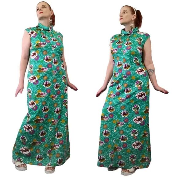 VTG 60s Handmade Green Groovy Floral Print High Neck Maxi Dress Large - Picture 5 of 16